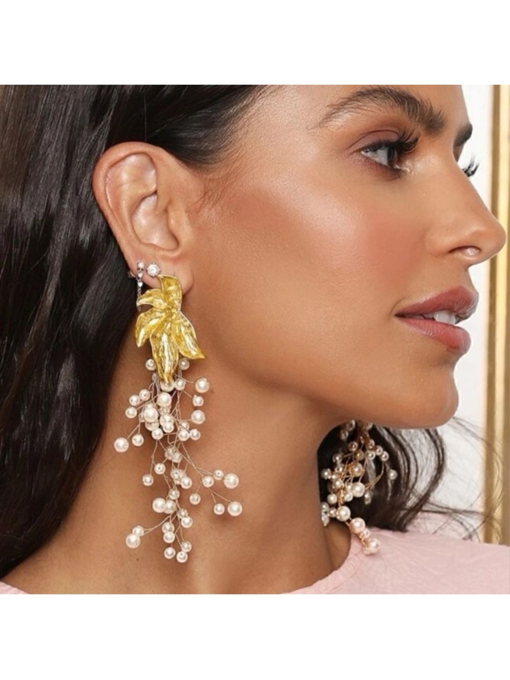 Gold Leaf Pearl Drop Earrings A110